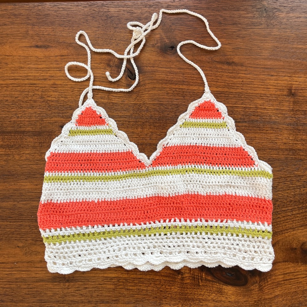 Arie Pink Green and White striped size Small crochet/knit tie halter crop top